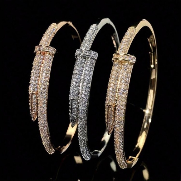 Silver Plated Stainless Steel Nail Bangle — Luxury Pave Crystal Bracelet - Picture 2 of 2